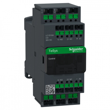 LC1D18ACD Kontaktör, TeSys Deca, 3P(3NA), AC-3/3e, <=440V, 18A, 36V DC bobin, snap-in terminaller