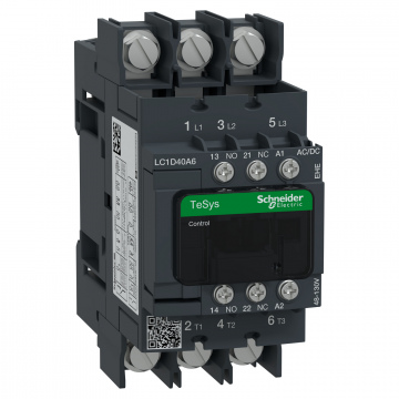 LC1D40A6EHE TeSys Deca Kontaktör,3P(3NO),AC-3/AC-3e/<=440V 40A,48-130V AC/DC Bobinli,Yüzük Pabuçlu