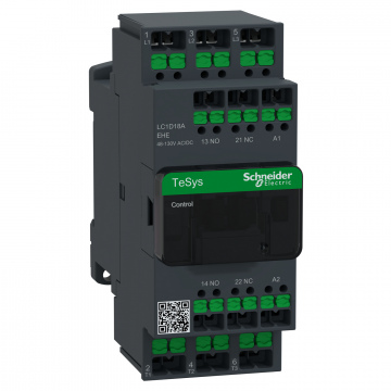 LC1D18AEHE Kontaktör, TeSys Deca Advanced, 3P(3NA), AC-3/3e, <=440V, 18A, 48...130V AC/DC bobin, snap-in terminaller