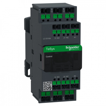 LC1D18AL7 Kontaktör, TeSys Deca, 3P(3NA), AC-3/3e, <=440V, 18A, 200V AC 50/60Hz bobin, snap-in terminaller