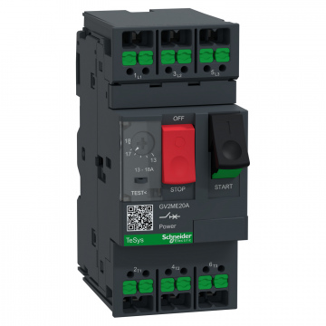GV2ME20A Motor koruma şalteri, TeSys Deca, 3P, AC‑3/AC‑3e, 13–18 A, termik-manyetik, snap-in terminalli