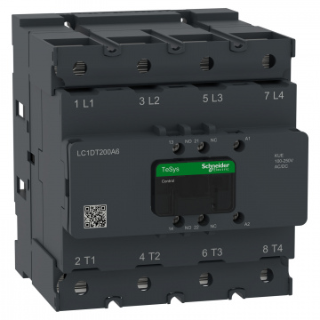 LC1DT200A6KUE Kontaktör, TeSys Deca Advanced, 4P(4NO), AC-1, <=440V, 200A, 100-250V AC/DC bobin, pabuç-halka veya çubuklar