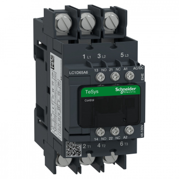 LC1D65A6EHE TeSys Deca Kontaktör,3P(3NO),AC-3/AC-3e/<=440V 65A,48-130V AC/DC Bobinli, Yüzük Pabuçlu