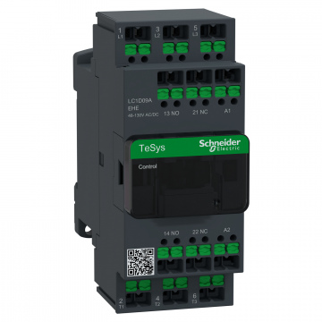 LC1D09AEHE Kontaktör, TeSys Deca Advanced, 3P(3NA), AC-3/3e, <=440V, 9A, 48...130V AC/DC bobin, snap-in terminaller