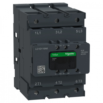 LC1D115A6KUE Kontaktör, TeSys Deca Advanced, 3P(3NO), AC-3/AC-3e, <=440V, 115A, 100-250V AC/DC bobin, pabuç-halka veya çubuklar