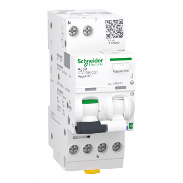A9TDFD625 Aktif ark hatası algılama özellikli artık akım devre kesicisi (RCBO), Acti9 Active iCV40H ARC, 1P+N, 25A, C eğrisi, 30mA, A-SI tipi, 10000A