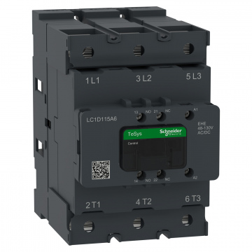 LC1D115A6EHE Kontaktör, TeSys Deca Advanced, 3P(3NO), AC-3/AC-3e, <=440V, 115A, 48-130V AC/DC bobin, pabuç-halka veya çubuklar