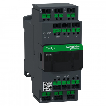 LC1D09AJL Kontaktör, TeSys Deca, 3P(3NA), AC-3/3e, <=440V, 9A, 12V DC düşük tüketimli bobin, snap-in terminaller