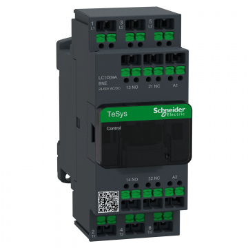LC1D09ABNE Kontaktör, TeSys Deca Advanced, 3P(3NA), AC-3/3e, <=440V, 9A, 24...60V AC/DC bobin, snap-in terminaller