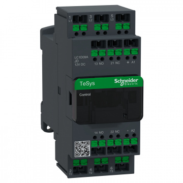 LC1D09AJD Kontaktör, TeSys Deca, 3P(3NA), AC-3/3e, <=440V, 9A, 12V DC bobin, snap-in terminaller