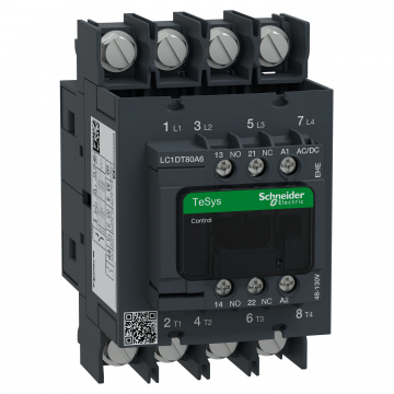 LC1DT80A6EHE TeSys Deca Kontaktör, 4P(4NO), AC-1, <=440V 80A, 48…130V Geniş Bant AC/DC Bobinli, Yüzük Pabuç Terminalli